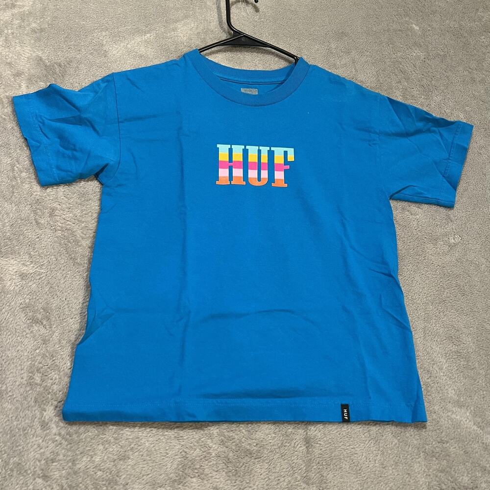 HUF Shirt Womens Medium Blue Rainbow Logo Graphic Skate Streetwear Cotton Tee